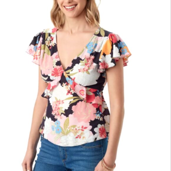 Jessica Simpson Open Back Flutter Sleeve Floral Top Sz L #204J - Picture 1 of 8